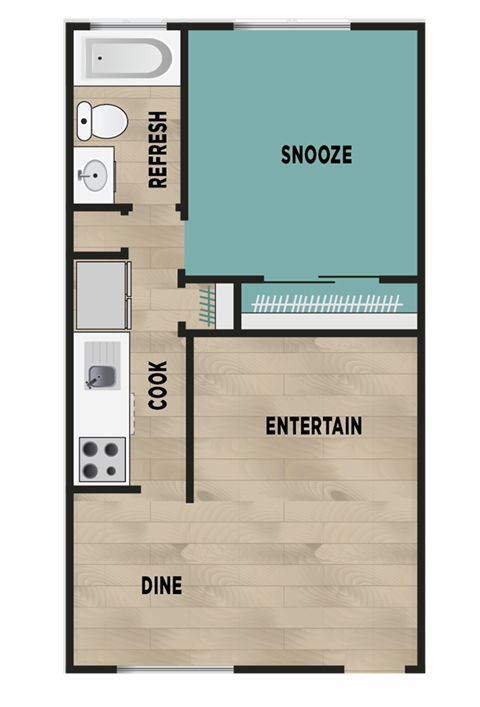 Floor plan for 1 bed, 1 bath, 465 sqft